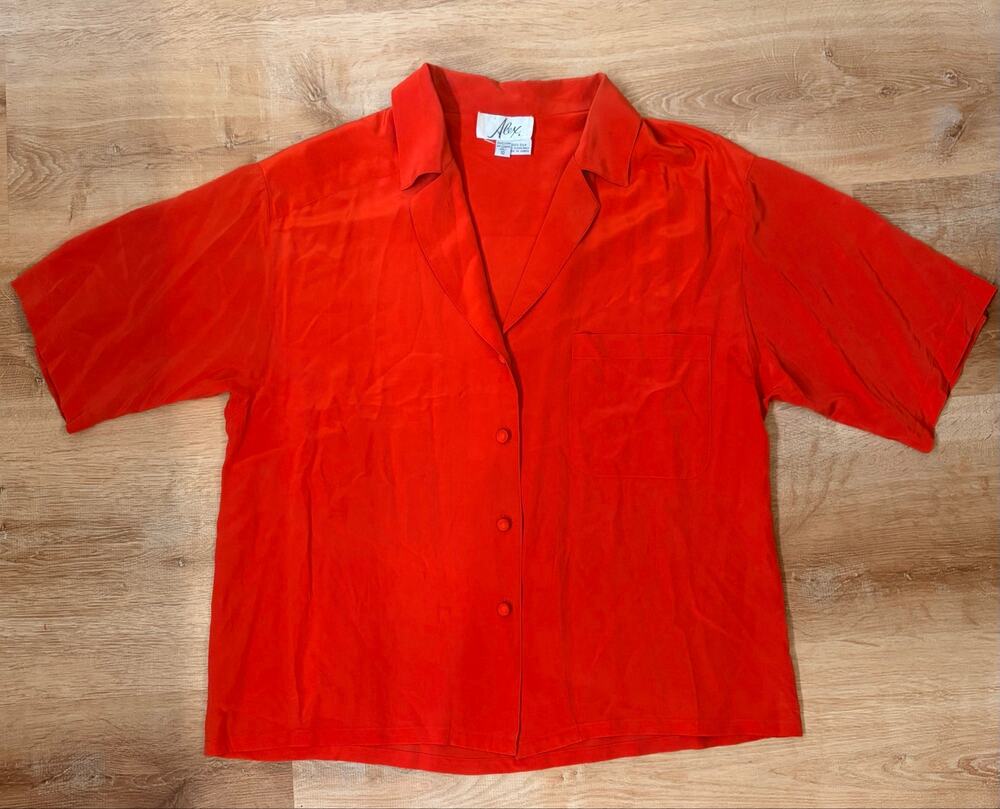 Vintage Alex. Red 100% Silk Blouse Shirt Size 10 Made in Korea